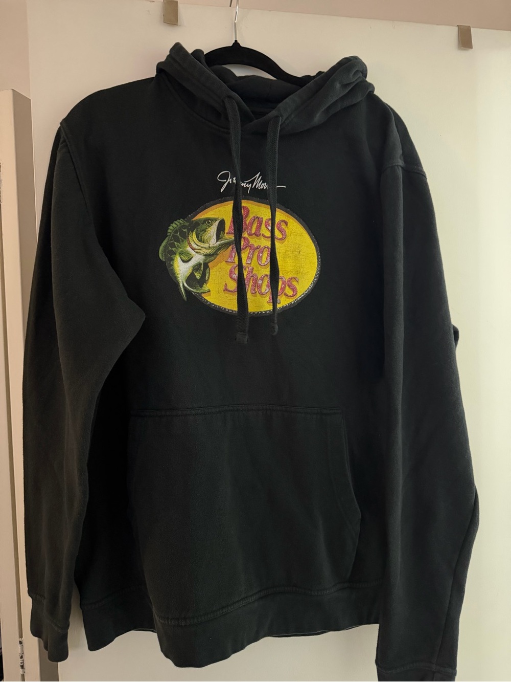 Bass Pro Shops Black Hoodie with Yellow Logo and Fish Graphic